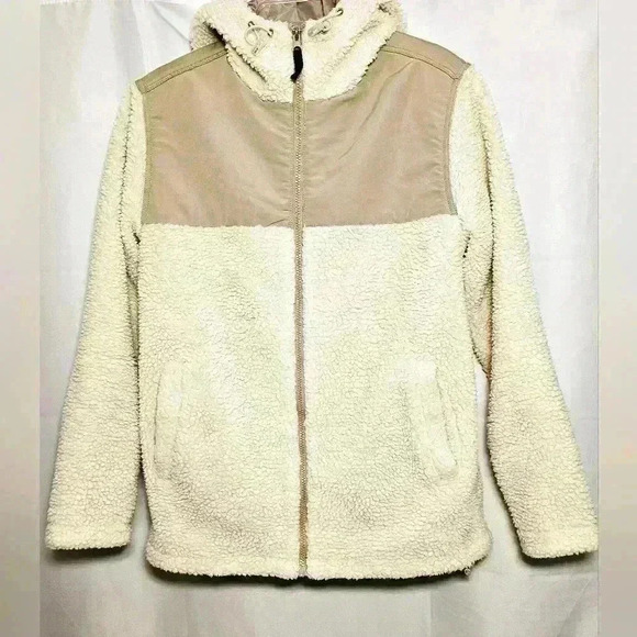 🛑 H&M Womens Faux Fluffy Fur Sherpa Teddy Cream Tan Zip Hooded Jacket Small - Picture 1 of 8